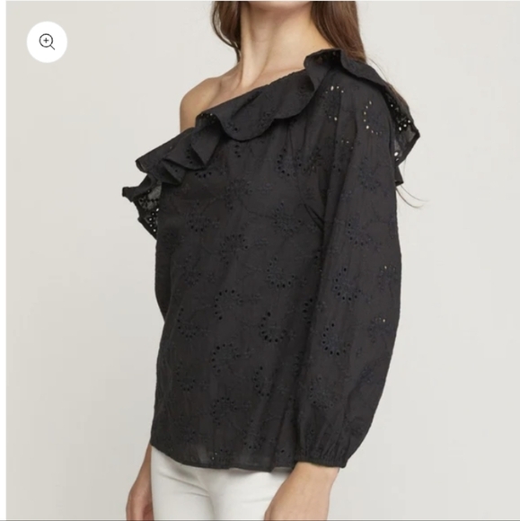 Entro Black Eyelet Ruffle Off Shoulder One Sleeve Top - Picture 1 of 12